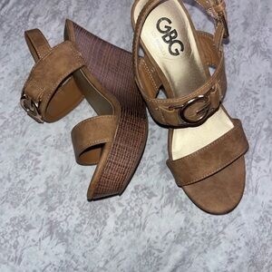 GBG Los Angeles Brown Leather Wedges with Croc-Embossed Straps